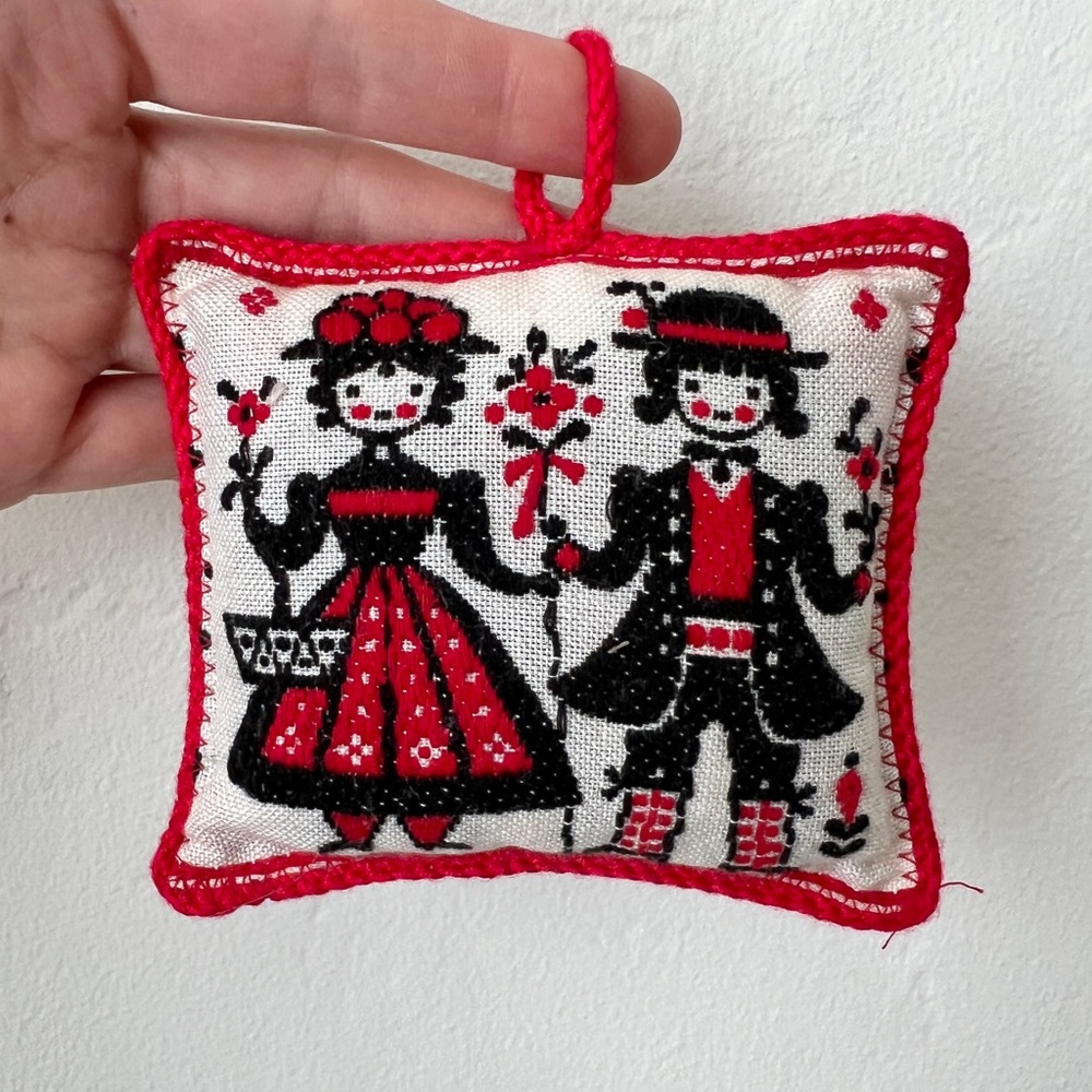 Vintage Scandinavian embroidered Christmas ornament red white black folk art